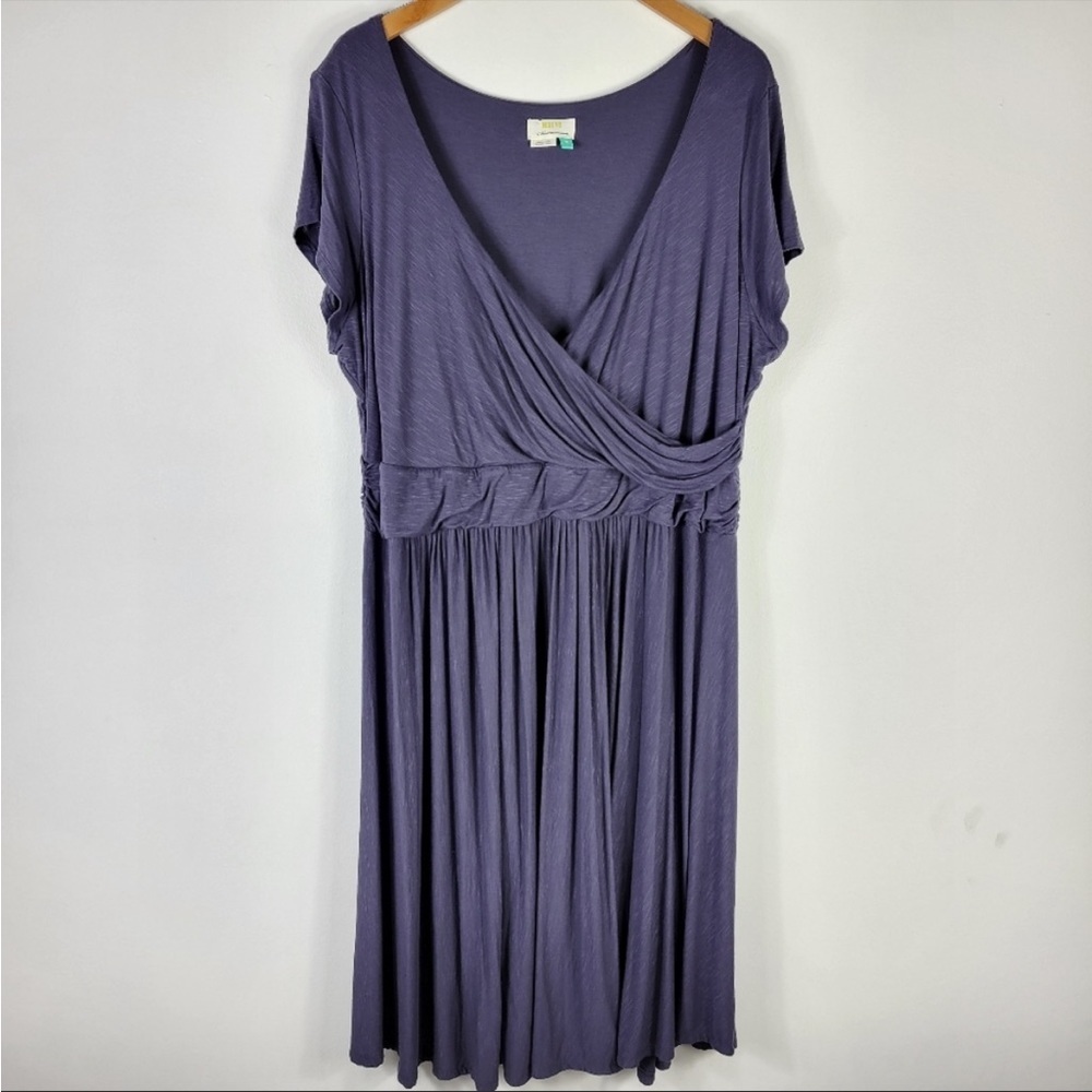 Maeve Ruched Surplice V Neck Faux Wrap Short
Sleeve Jersey Knit Midi Dress
